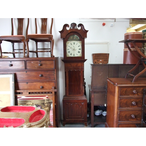 583 - A 19th century longcase clock, the arched painted square dial with subsidiary seconds and date apert... 