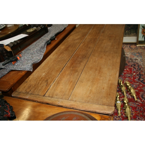 898 - A continental fruitwood farmhouse table with three plank top, single frieze drawer and turned legs, ... 