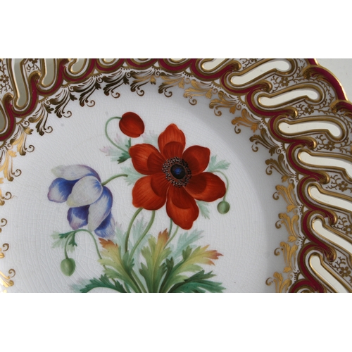 132 - A pair of mid 19th century Coalport botanical plates , the rims pierced with a series of S-shaped ho... 