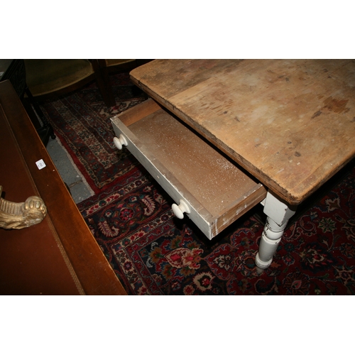 912 - A Victorian pine kitchen table with scrubbed top and single frieze drawer, 104cms wide.