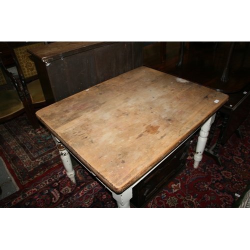 912 - A Victorian pine kitchen table with scrubbed top and single frieze drawer, 104cms wide.