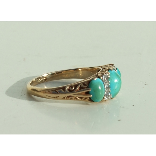 679 - A Victorian 18ct gold half hoop ring set with three turquoise and six small diamonds, approx UK size... 