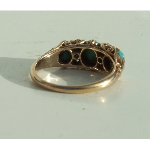 679 - A Victorian 18ct gold half hoop ring set with three turquoise and six small diamonds, approx UK size... 