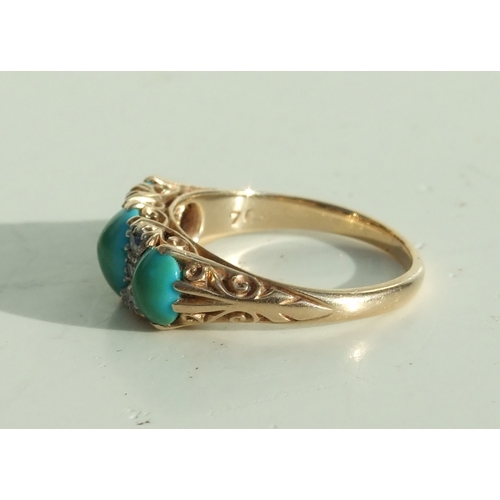 679 - A Victorian 18ct gold half hoop ring set with three turquoise and six small diamonds, approx UK size... 