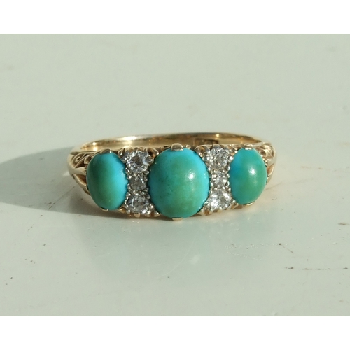 679 - A Victorian 18ct gold half hoop ring set with three turquoise and six small diamonds, approx UK size... 