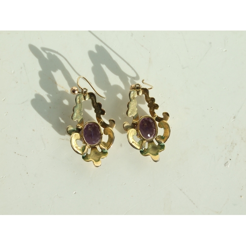 709 - A pair of Victorian 9ct gold amethyst set drop earrings, 3cms high, total weight 9.3g, fitted in a l... 