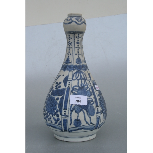 784 - A Chinese blue & white baluster vase decorated with flowers and precious objects, 29cms high.