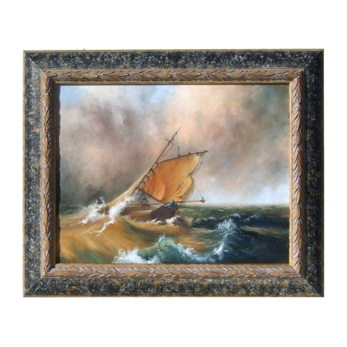 118 - Sheila White (modern British) - The Sally Ann in Rough Seas - oil on canvas, signed lower right, fra... 