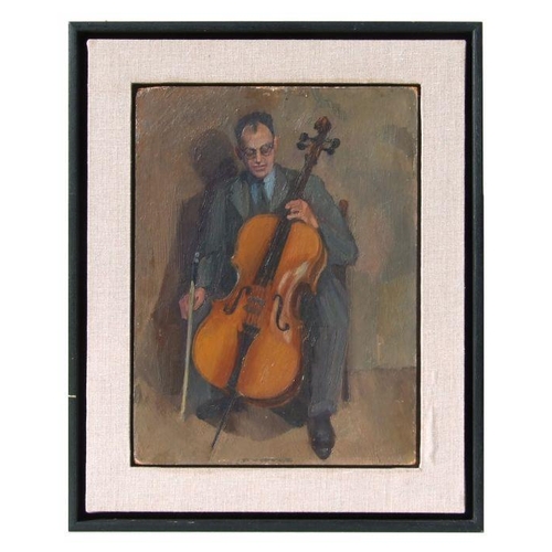 119 - 20th century English school - A Cellist - oil on board, framed, 30 by 40cms.