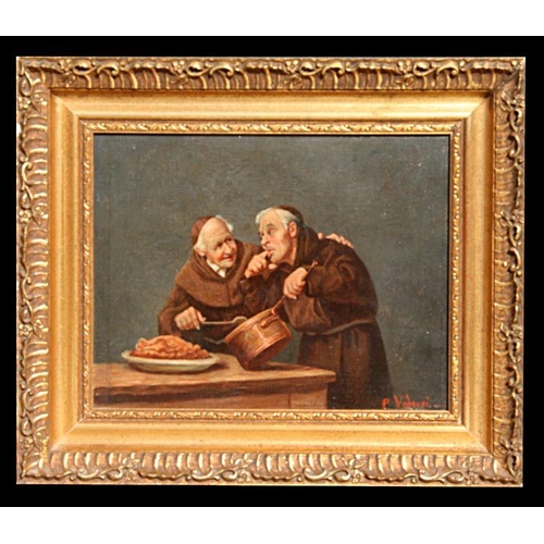 120 - P Vedovei - Two Monks Tasting the Stew - oil on canvas, signed lower right, framed, 26 by 20cms.