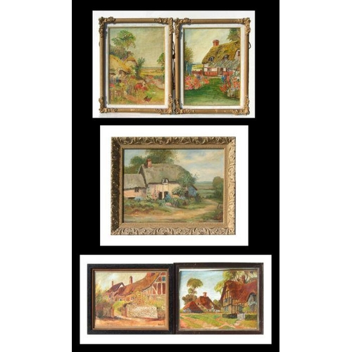 127 - R H Vowles - a pair of country cottage scenes, oil on paper, both framed & glazed, each 40 by 30... 