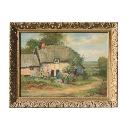 127 - R H Vowles - a pair of country cottage scenes, oil on paper, both framed & glazed, each 40 by 30... 