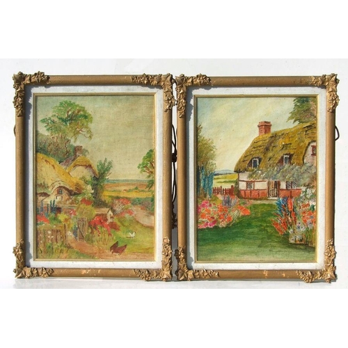 127 - R H Vowles - a pair of country cottage scenes, oil on paper, both framed & glazed, each 40 by 30... 