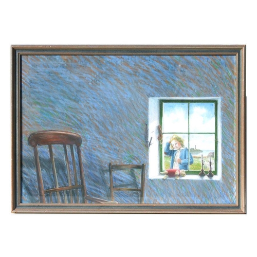 128 - Ian Newsham (modern British) - A Girl Looking through a Window into an Interior Scene - pastel, sign... 