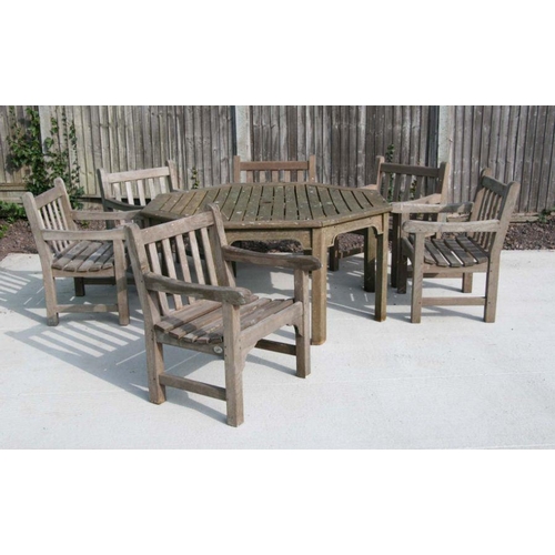 13 - A harlequin set of three Lister and three Britannic teak garden chairs with similar octagonal table,... 