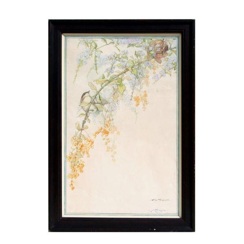 135 - Kathleen Nixon (1895-1988) - Birds Perched on a Branch - watercolour, signed lower right, framed &am... 