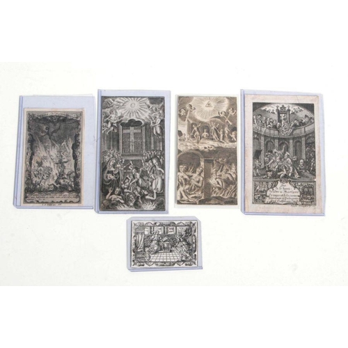 145 - Five late 17th / early 18th century woodcut prints depicting religious scenes to include In the Aren... 