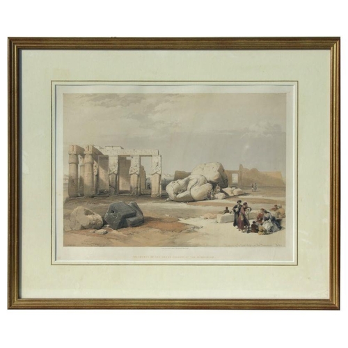 147 - After David Roberts - Fragments at the Great Colossi at the Memnonium - coloured lithograph, framed ... 