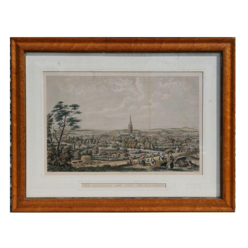 160 - A 19th century coloured engraving - The Cathedral and City of Salisbury - framed & glazed in a b... 