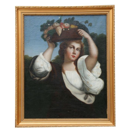 162 - 19th century school - Portrait of a Young Lady in Classical Dress Holding a Basket of Fruit - oil on... 