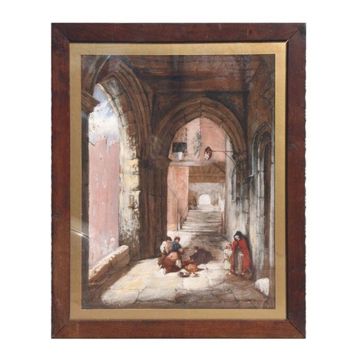 168 - 19th century continental school - Cloisters with a Beggar Woman and Children - indistinct signature ... 