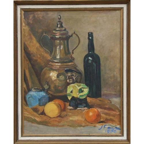 171 - J Faure (?) (mid 120th century school) - Still Life of Fruit, Wine Bottle and a Jug - signed & dated... 