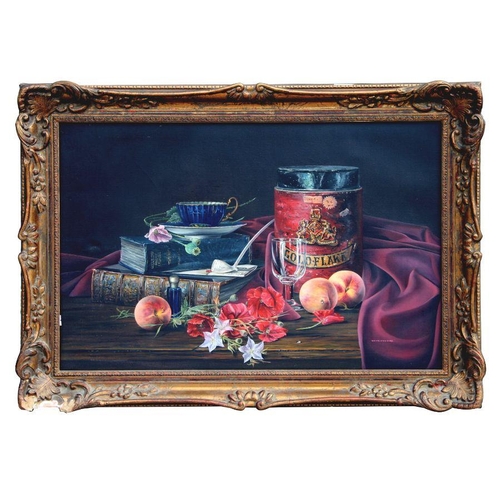 173 - Tenmer (?) (20th century school) - Still Life of a Gold Flake Tobacco Tin, Books, Fruit and a Wine G... 