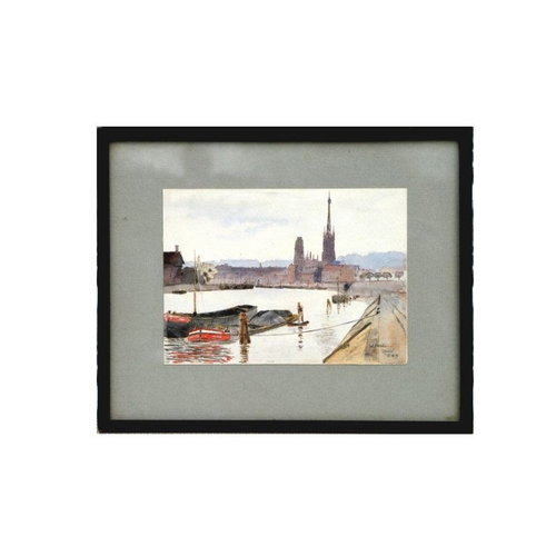 180 - W Inge - Rouen Harbour Scene with Cathedral in the Background - signed and dated '31 lower right, wa... 