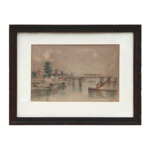 183 - Farrini (?) - River Scene with Central Bridge and Boats - signed lower right, watercolour, framed &a... 