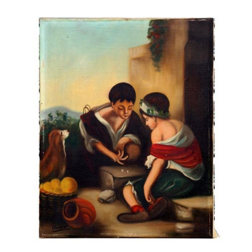 185 - Late 19th / early 20th century school - Classical Scene Depicting Two Children Playing Dice - indist... 