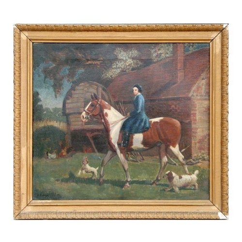 216 - Hilda Kidman (1891-1980) - Young Woman Riding a Piebald Horse with Spaniels Beside Her - signed lowe... 