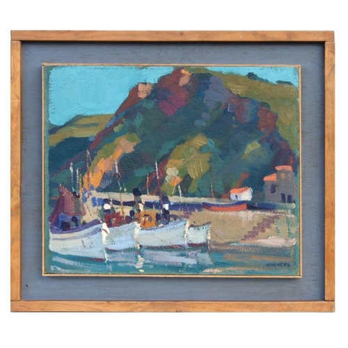 219 - Vaquerd - Harbour Scene with Fishing Boats in the Foreground - oil on board, signed lower right, fra... 