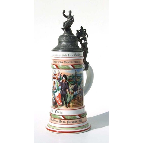 248 - A German pottery stein with pewter mounts decorated with a German regimental scene, 32cms high.