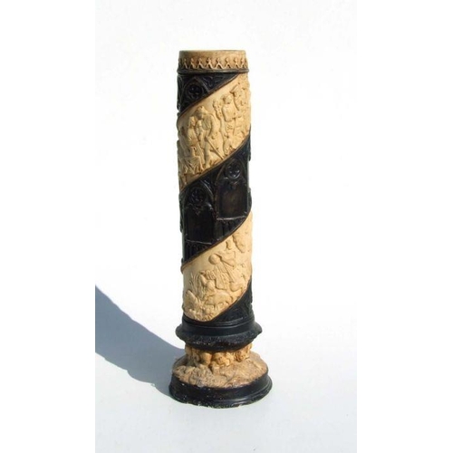 249 - A 19th century ecclesiastical ceramic column candlestick with scenes depicting heaven and hell, 40cm... 