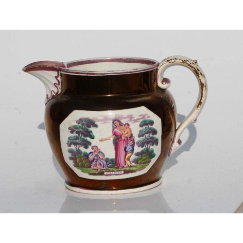 250 - A Victorian pink lustre ware jug, transfer printed with a landscape scene with a castle in the dista... 