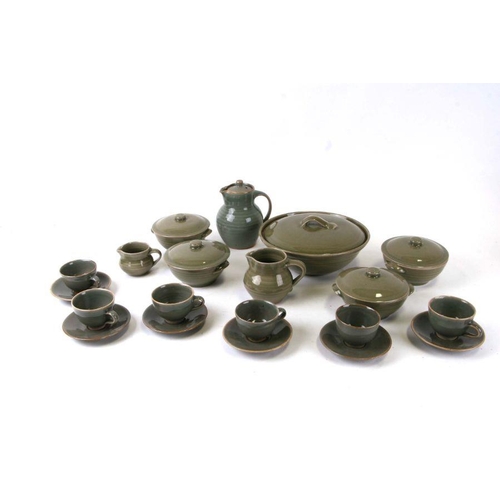 255 - A quantity of Harry Davis Crowan pottery tea and dinner wares in the Chinese manner.