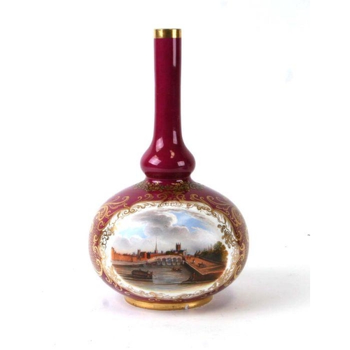 272 - A Chamberlain's Worcester large bottle vase, the oval panel painted with a view of Worcester, on a p... 