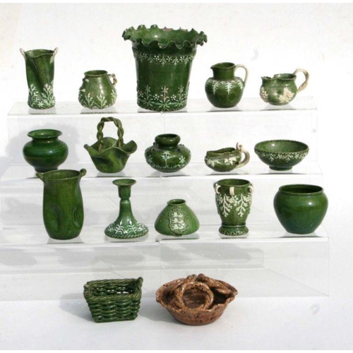 290 - A quantity of early Rye Pottery green glazed miniature dolls house vases, jugs, baskets and similar ... 