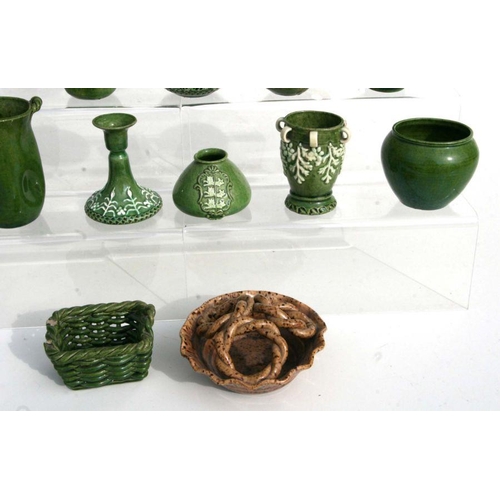 290 - A quantity of early Rye Pottery green glazed miniature dolls house vases, jugs, baskets and similar ... 