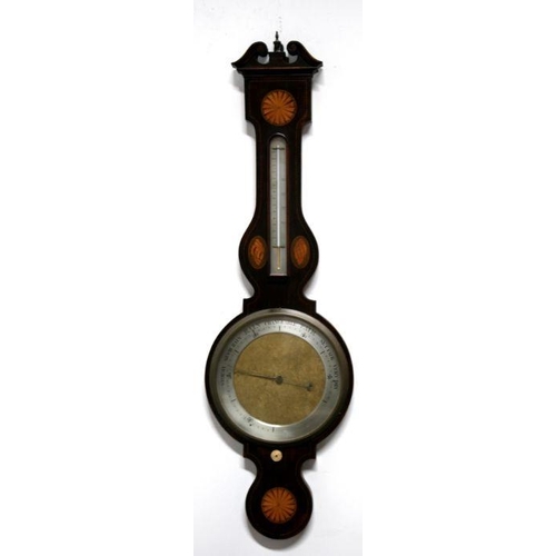 299 - A large late 19th century barometer thermometer in an inlaid mahogany case, 114cms high.