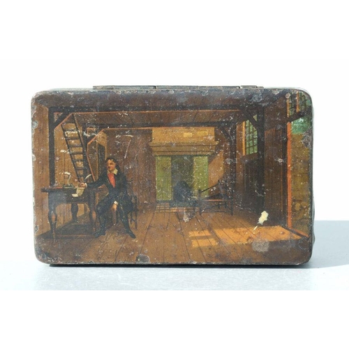 317 - A Victorian toleware chocolate tin, the lid decorated with an interior room scene with a gentleman s... 