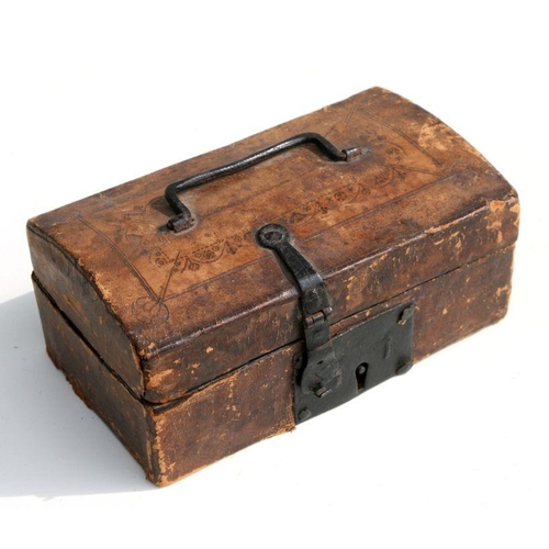 337 - A small antique leather casket, 16cms wide.