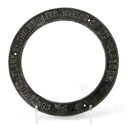 344 - The Mirrlees Watson Co. Ltd, Glasgow Condensing Plant circular aluminium plaque, 28cms diameter.