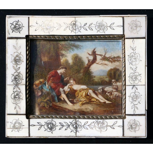 367 - Boucher - Shepherd and Shepherdess by a River - signed lower left, oil on ivory, framed, 9.5 by 8cms... 