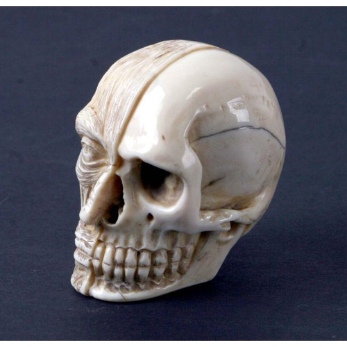 369 - A 19th century carved ivory memento mori study of a skull, one half of the face exposing flesh and s... 