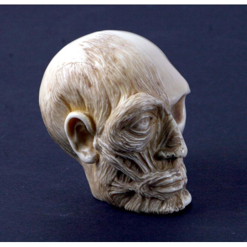 369 - A 19th century carved ivory memento mori study of a skull, one half of the face exposing flesh and s... 