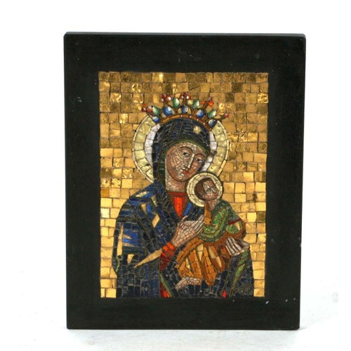 370 - An Italian micro mosaic icon of Madonna and Christ inset into a slate panel. 13 by 16.5cm