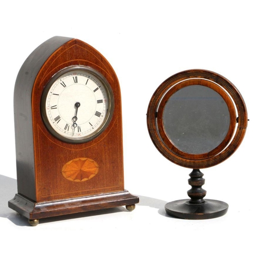 412 - An Edwardian mahogany lancet shaped mantle clock with inlaid decoration, 15cms wide; together with a... 