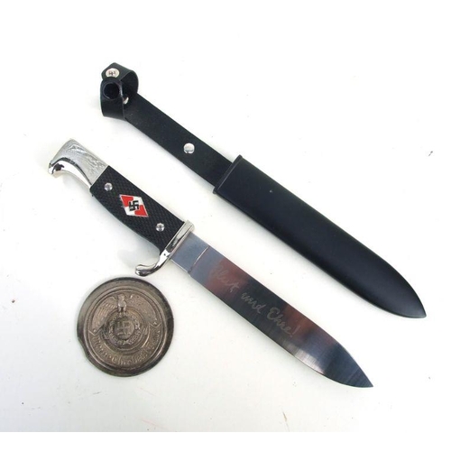 42 - A reproduction Nazi Hitler Youth dagger with inscription Blut und Ehre together with an SS belt buck... 