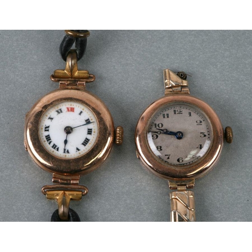 421 - Two early 20th century gold cased ladies wristwatches on associated gold plated and leather straps (... 